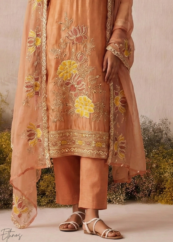 Rust Textured Flora Shimmer Silk Palazzo Suit