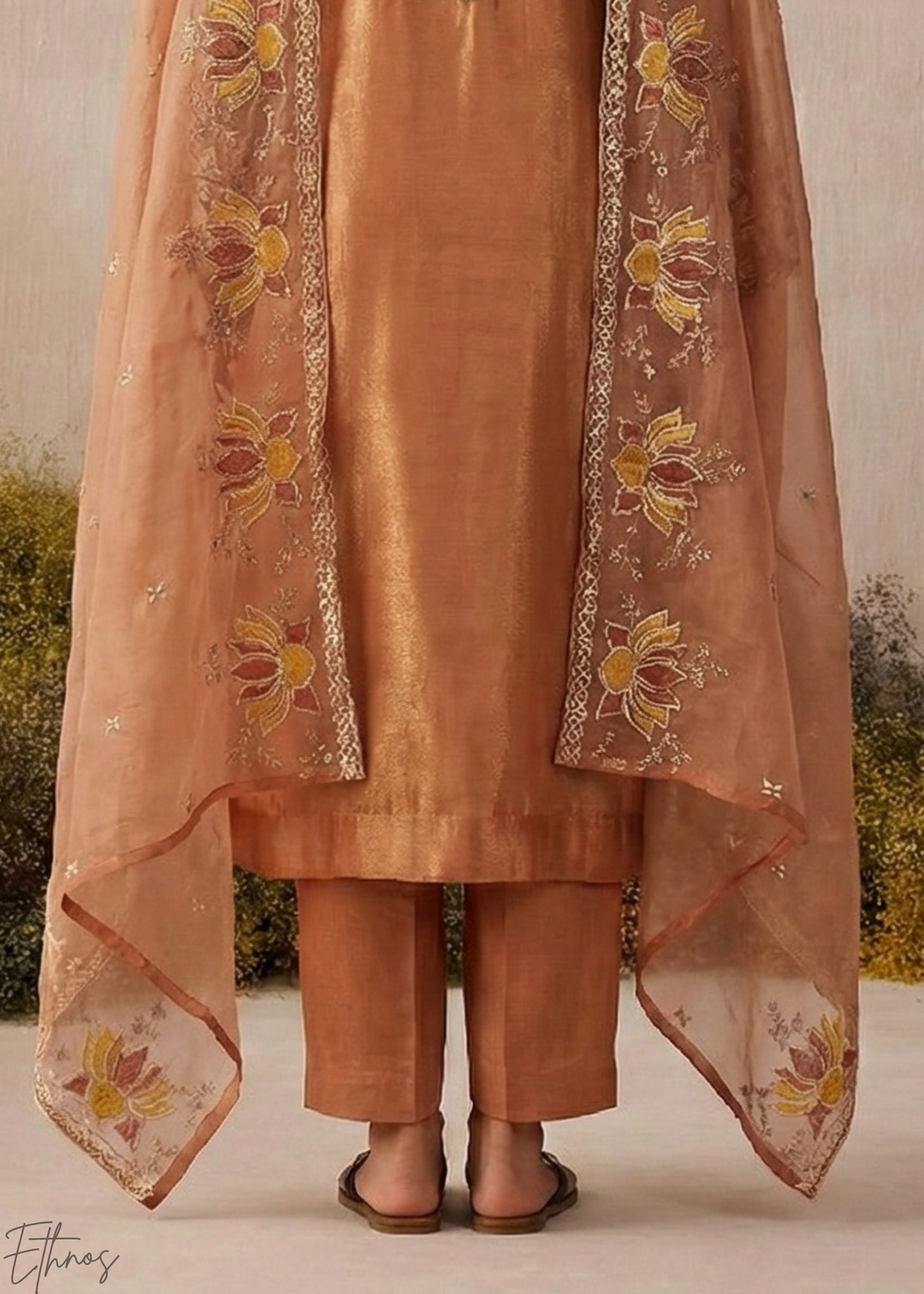 Rust Textured Flora Shimmer Silk Palazzo Suit