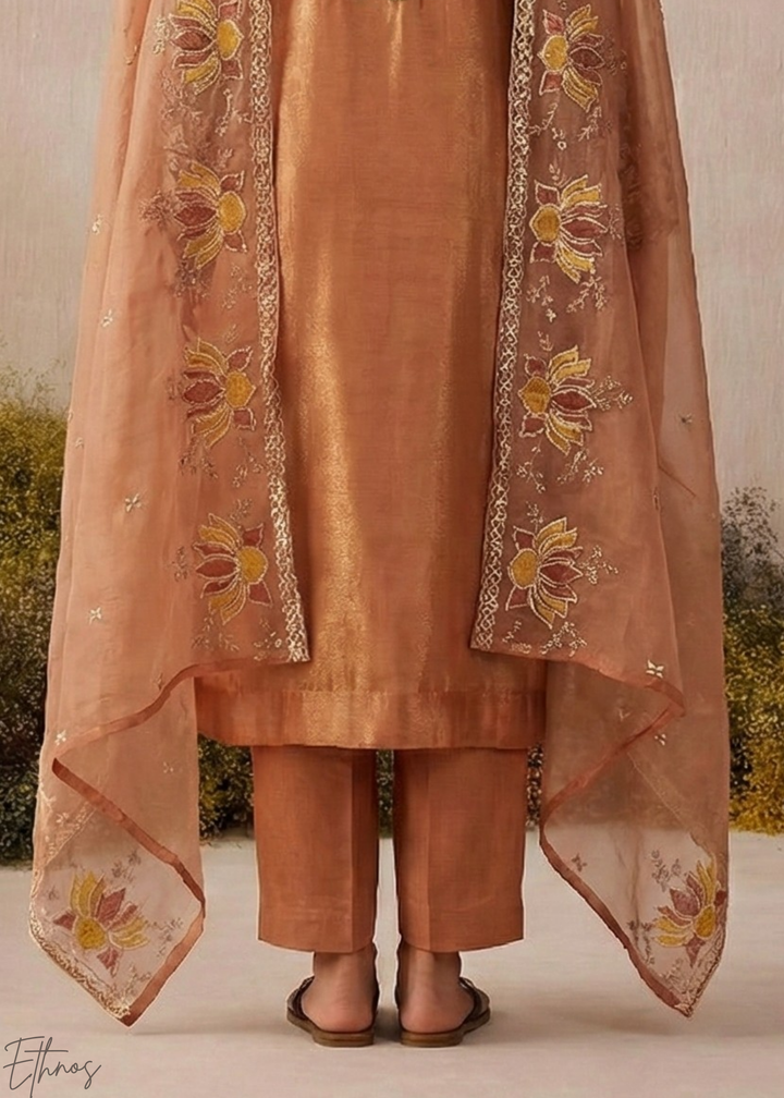 Rust Textured Flora Shimmer Silk Palazzo Suit