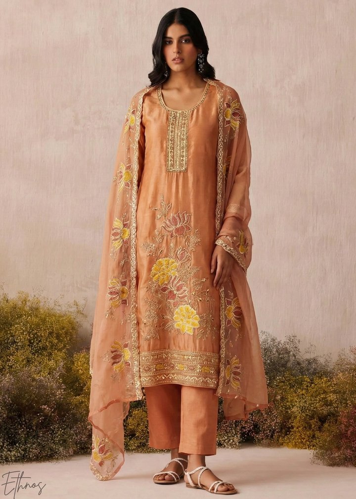 Rust Textured Flora Shimmer Silk Palazzo Suit