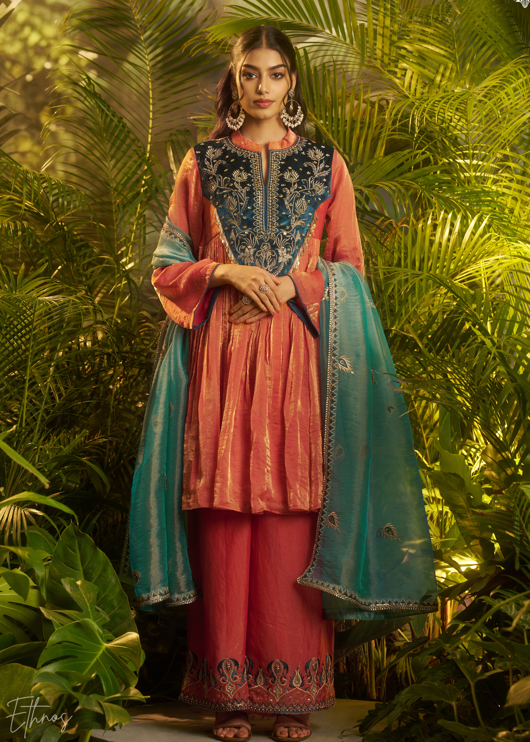 Rust Zardozi Organza Kalidar Kurta Palazzo Suit