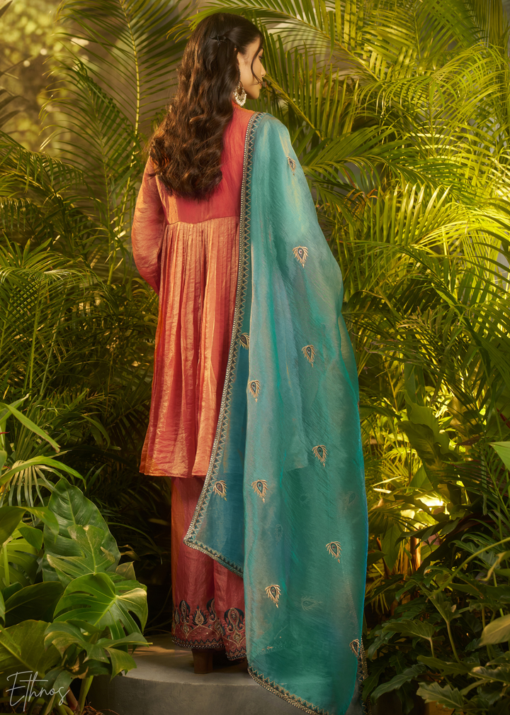 Rust Zardozi Organza Kalidar Kurta Palazzo Suit