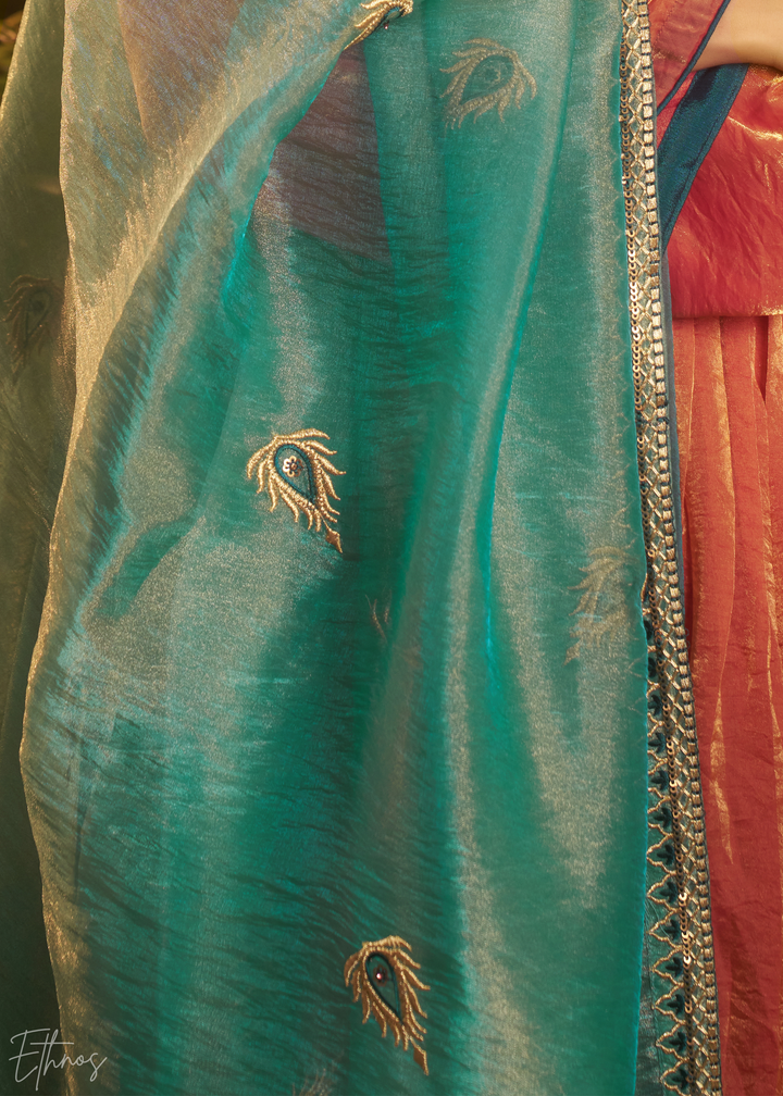 Rust Zardozi Organza Kalidar Kurta Palazzo Suit