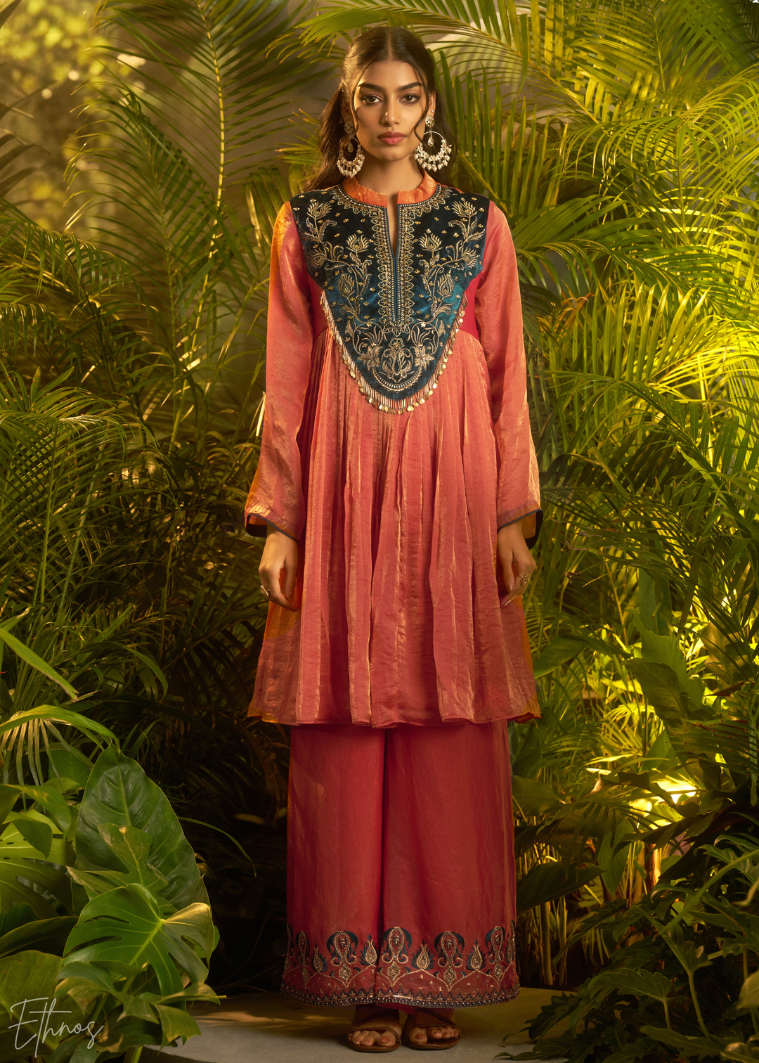 Rust Zardozi Organza Kalidar Kurta Palazzo Suit
