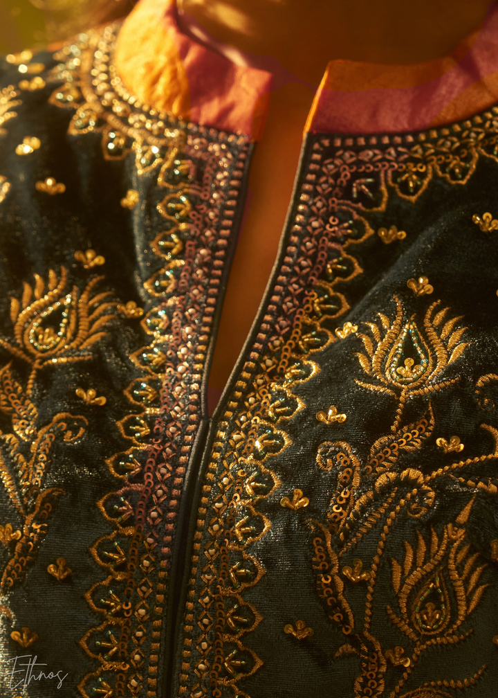 Rust Zardozi Organza Kalidar Kurta Palazzo Suit