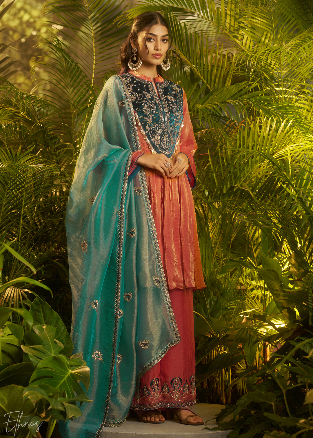 Rust Zardozi Organza Kalidar Kurta Palazzo Suit