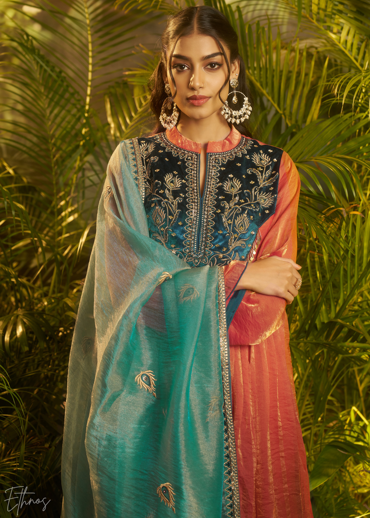 Rust Zardozi Organza Kalidar Kurta Palazzo Suit