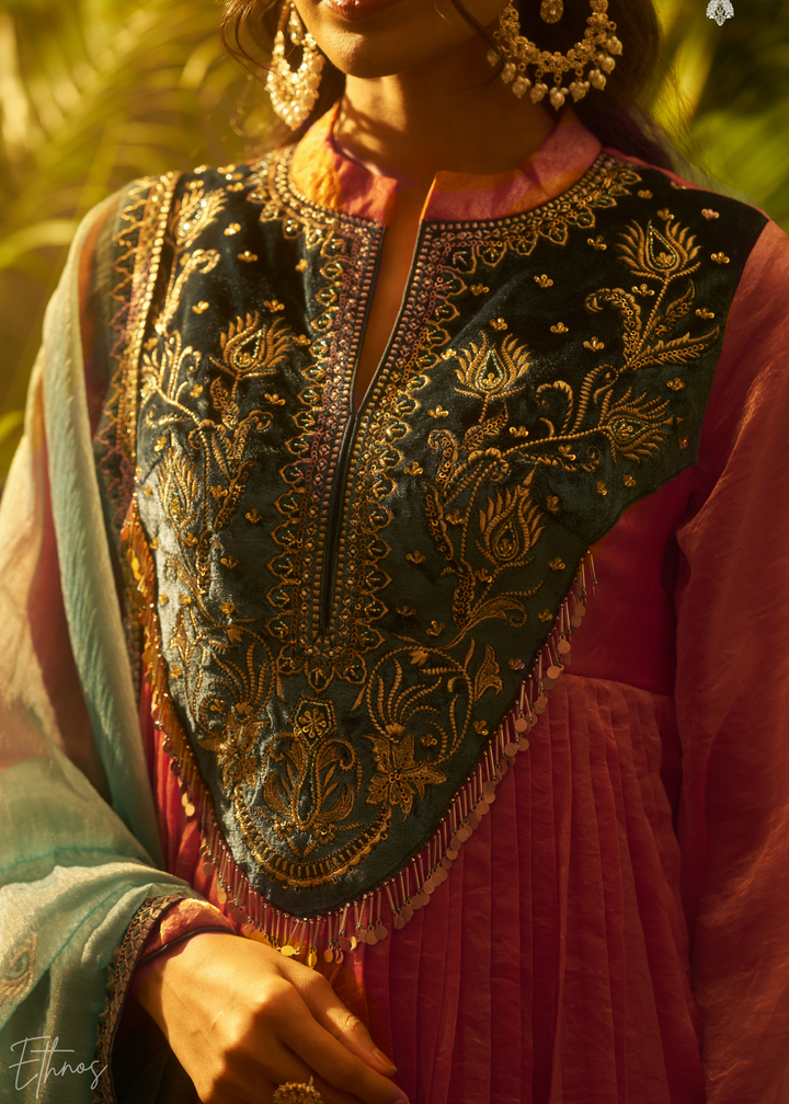 Rust Zardozi Organza Kalidar Kurta Palazzo Suit