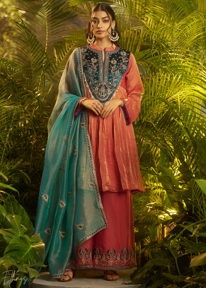 Rust Zardozi Organza Kalidar Kurta Palazzo Suit