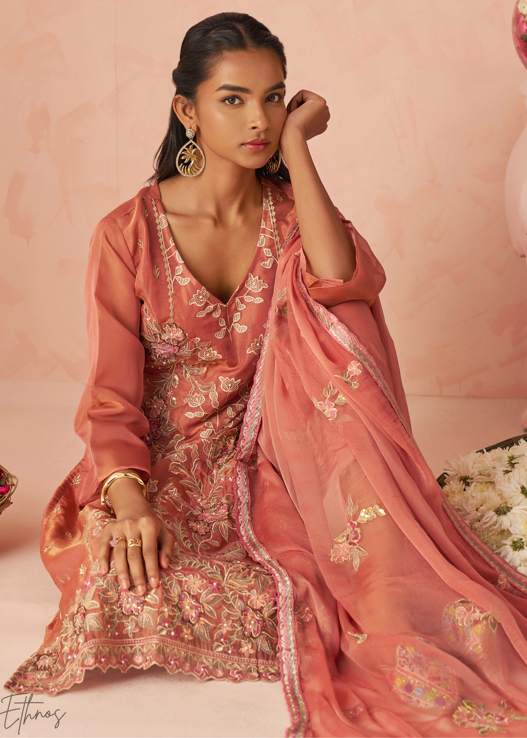 Rust Zari-Santoon Palazzo Suit