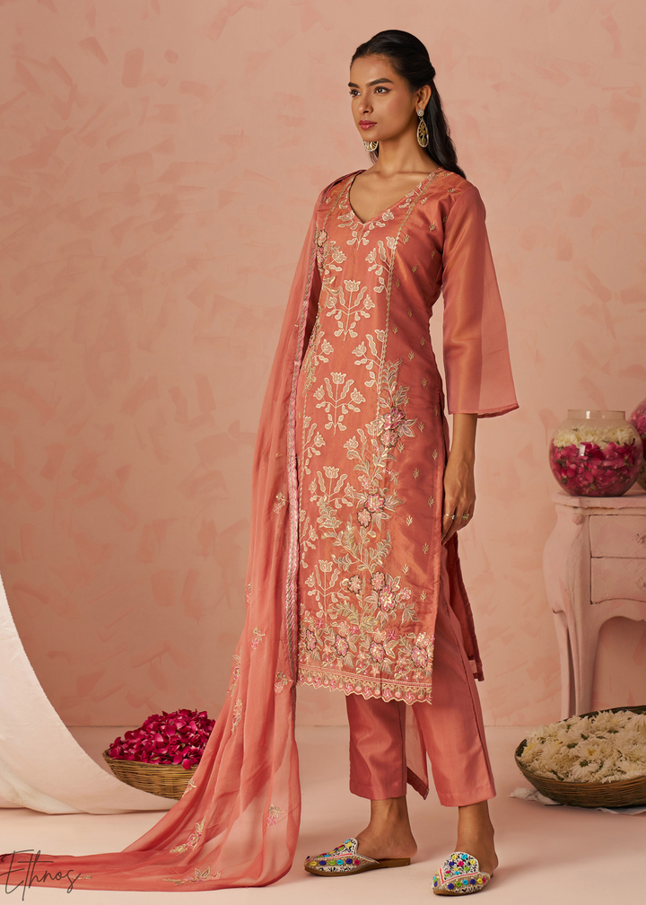 Rust Zari-Santoon Palazzo Suit