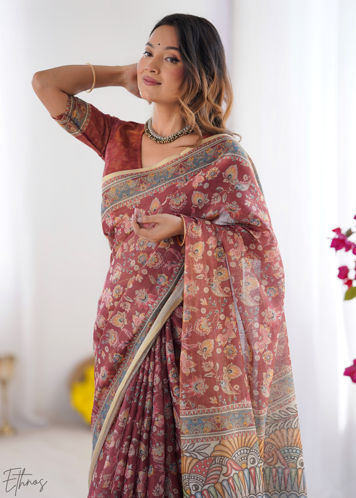 Rust & Maroon Heritage Art Cotton Linen Saree