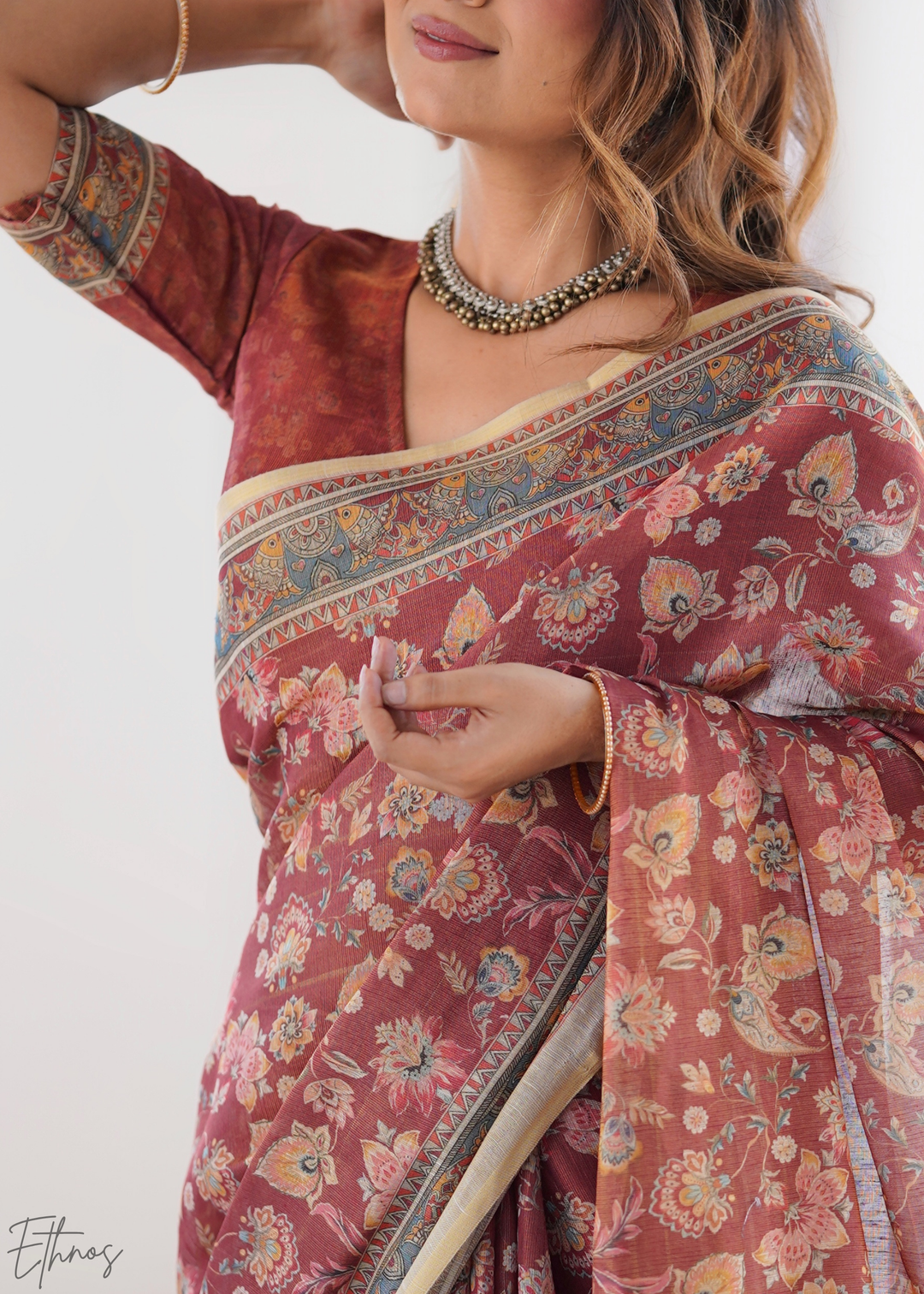 Rust & Maroon Heritage Art Cotton Linen Saree