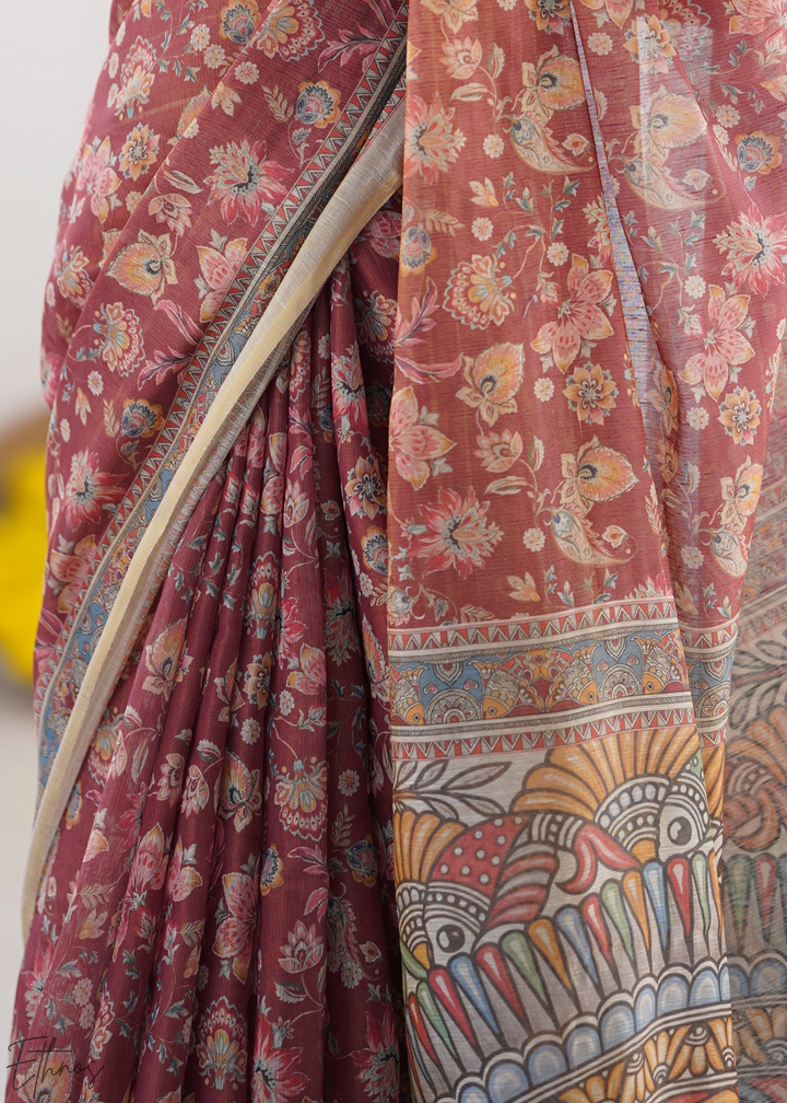 Rust & Maroon Heritage Art Cotton Linen Saree