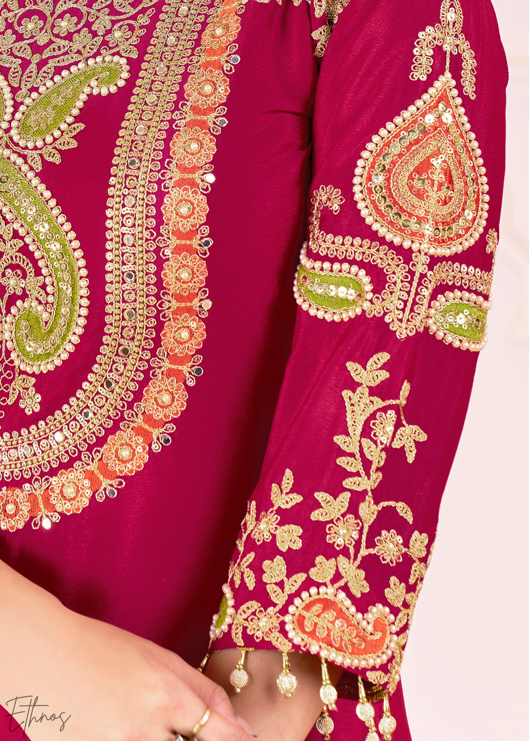 Rust Red Embroidered Chinon Palazzo Suit