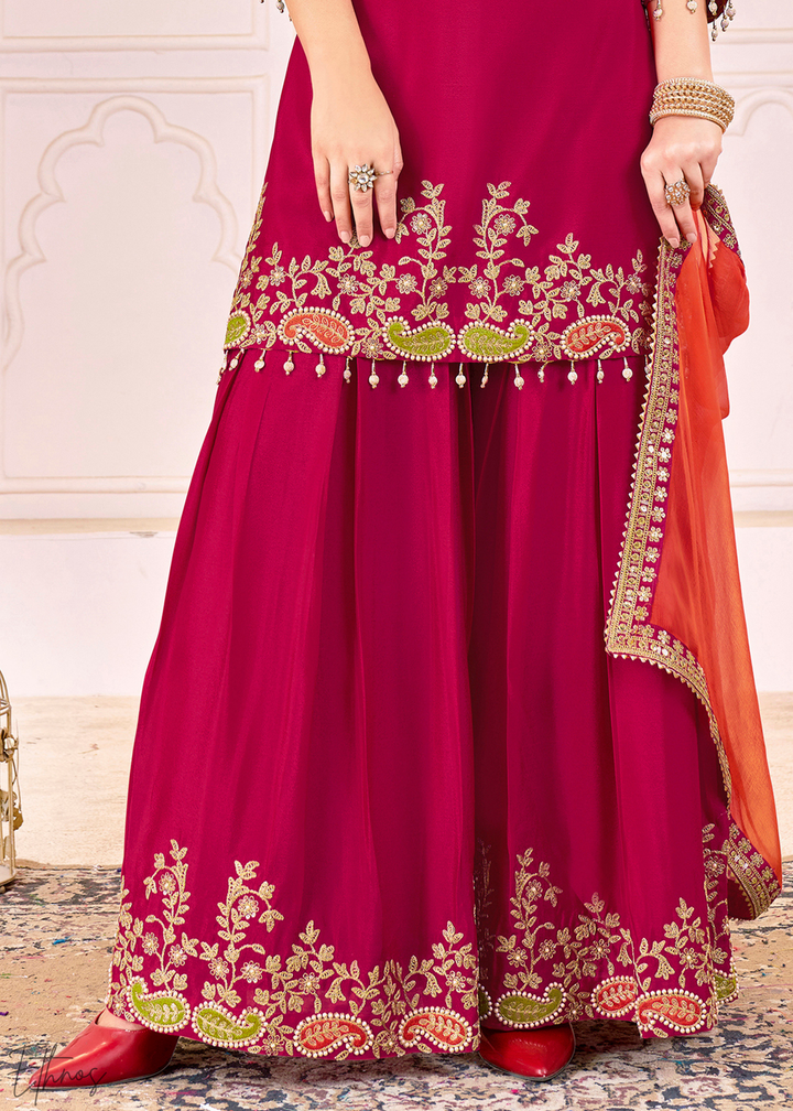 Rust Red Embroidered Chinon Palazzo Suit