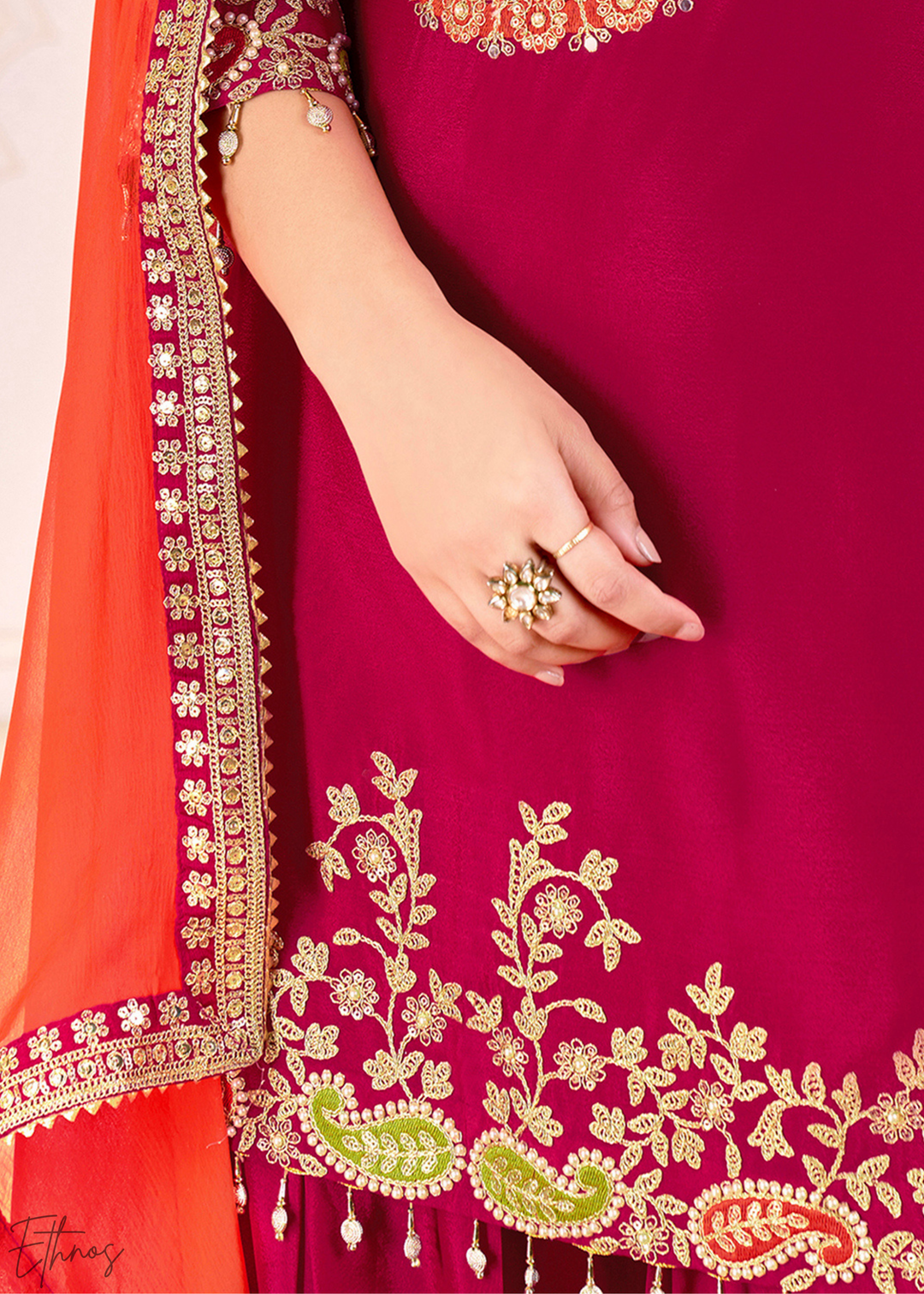 Rust Red Embroidered Chinon Palazzo Suit