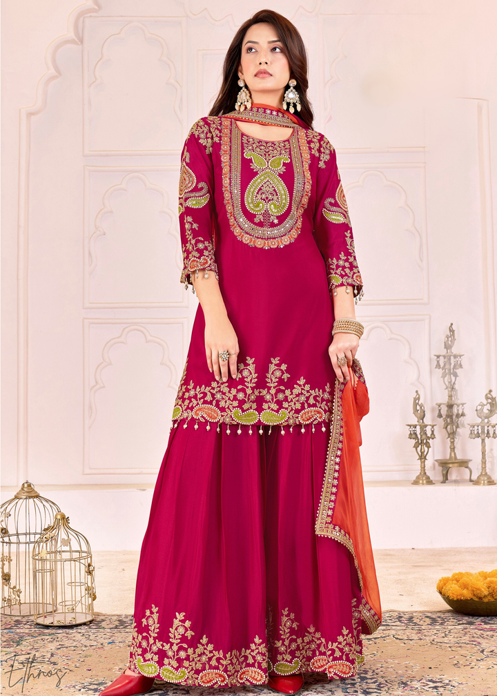 Rust Red Embroidered Chinon Palazzo Suit