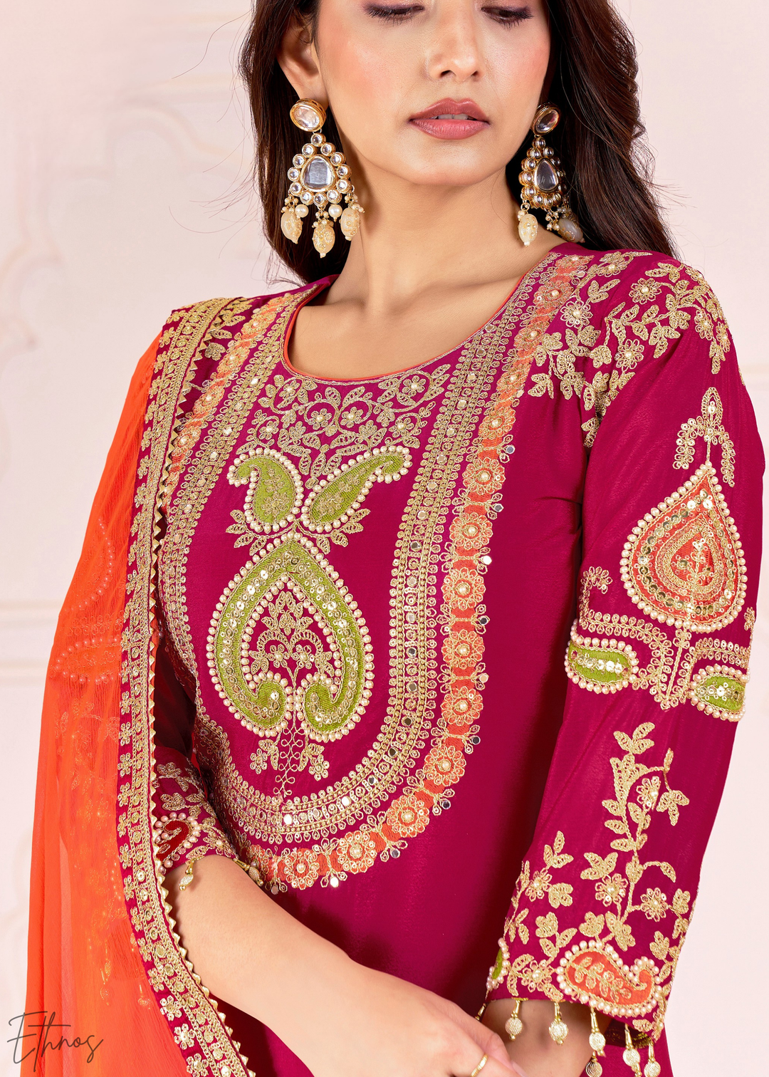 Rust Red Embroidered Chinon Palazzo Suit