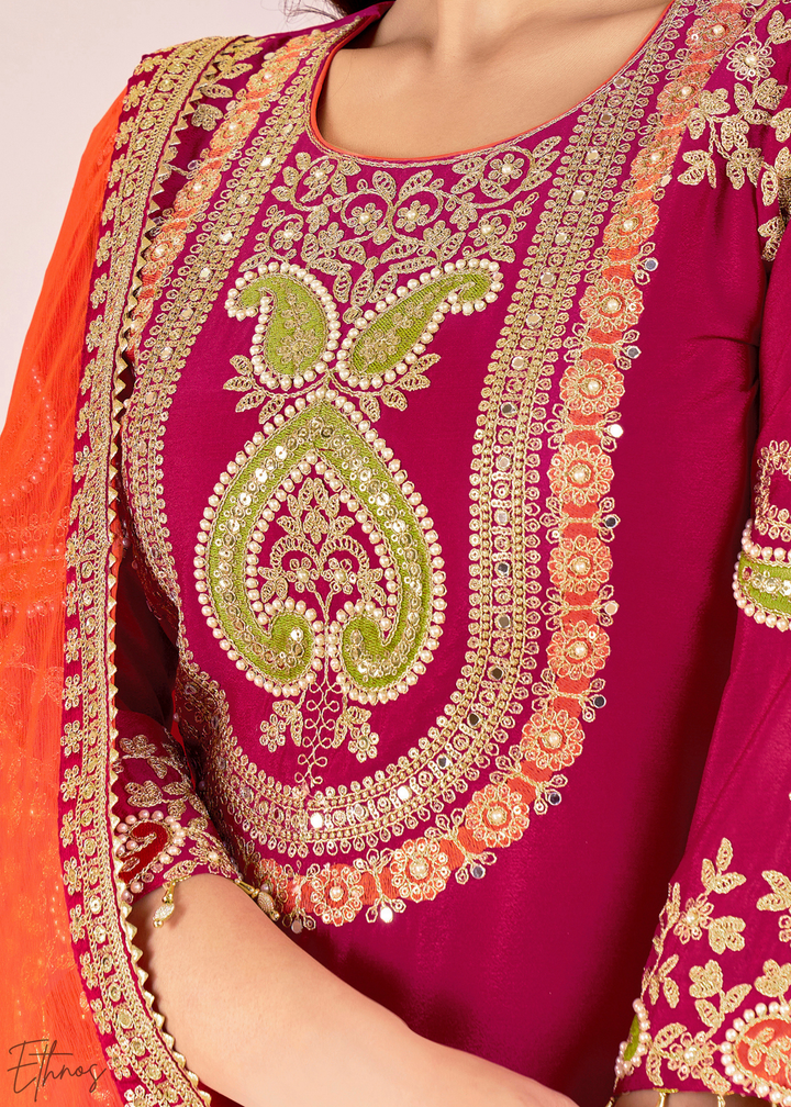 Rust Red Embroidered Chinon Palazzo Suit