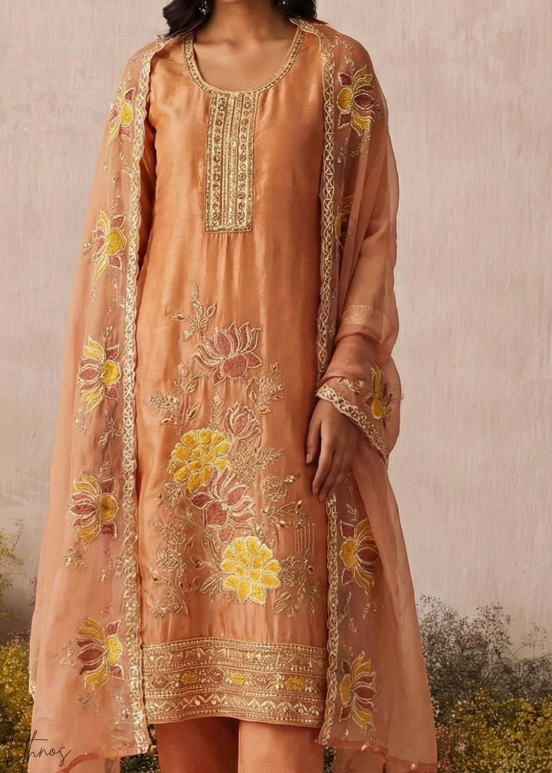 Rust Textured Flora Shimmer Silk Palazzo Suit