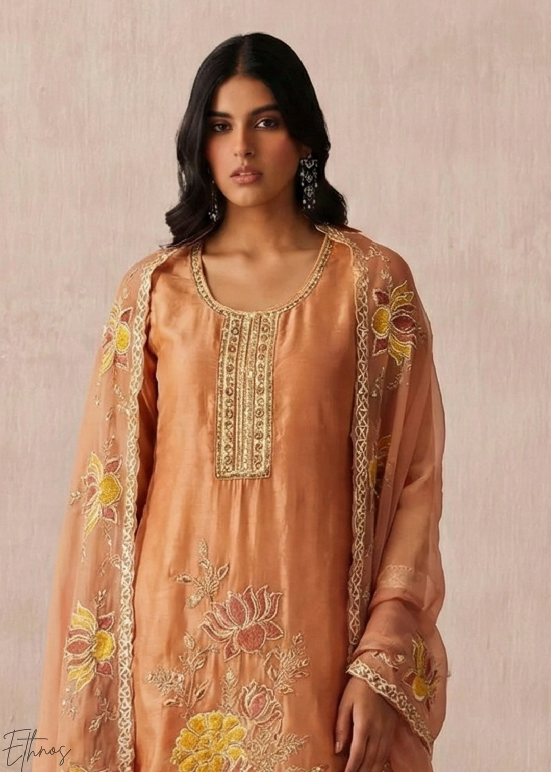 Rust Textured Flora Shimmer Silk Palazzo Suit