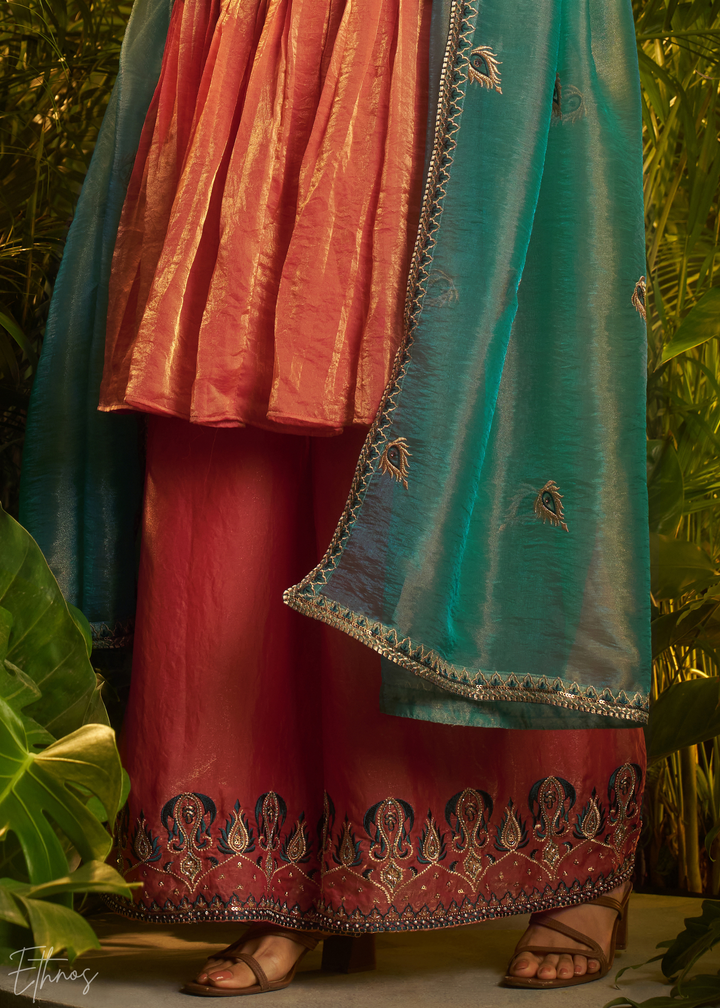 Rust Zardozi Organza Kalidar Kurta Palazzo Suit