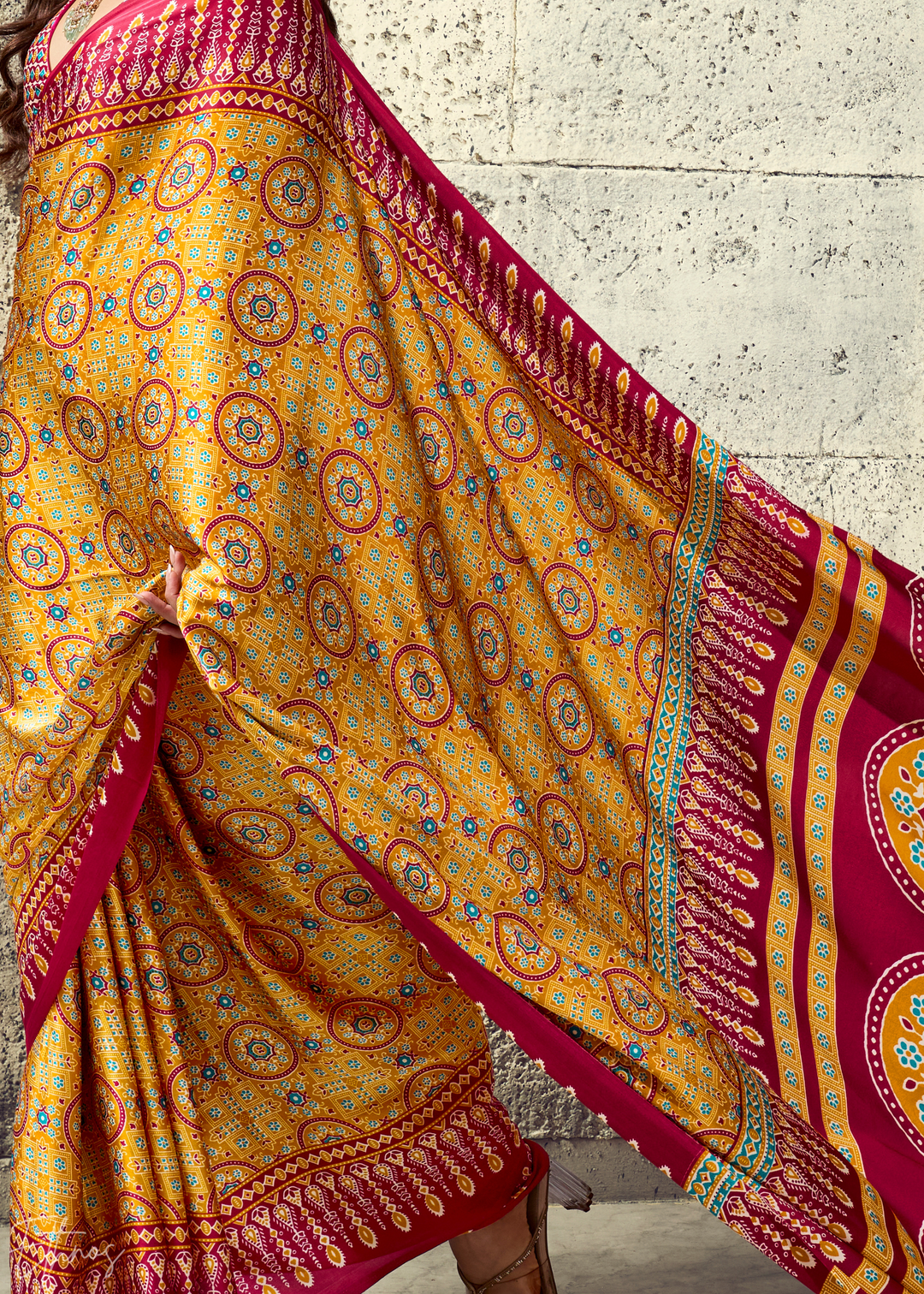 Saffron Crimson Ajrakh Printed Modal Satin Saree