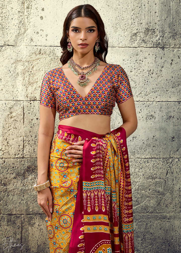 Saffron Crimson Ajrakh Printed Modal Satin Saree