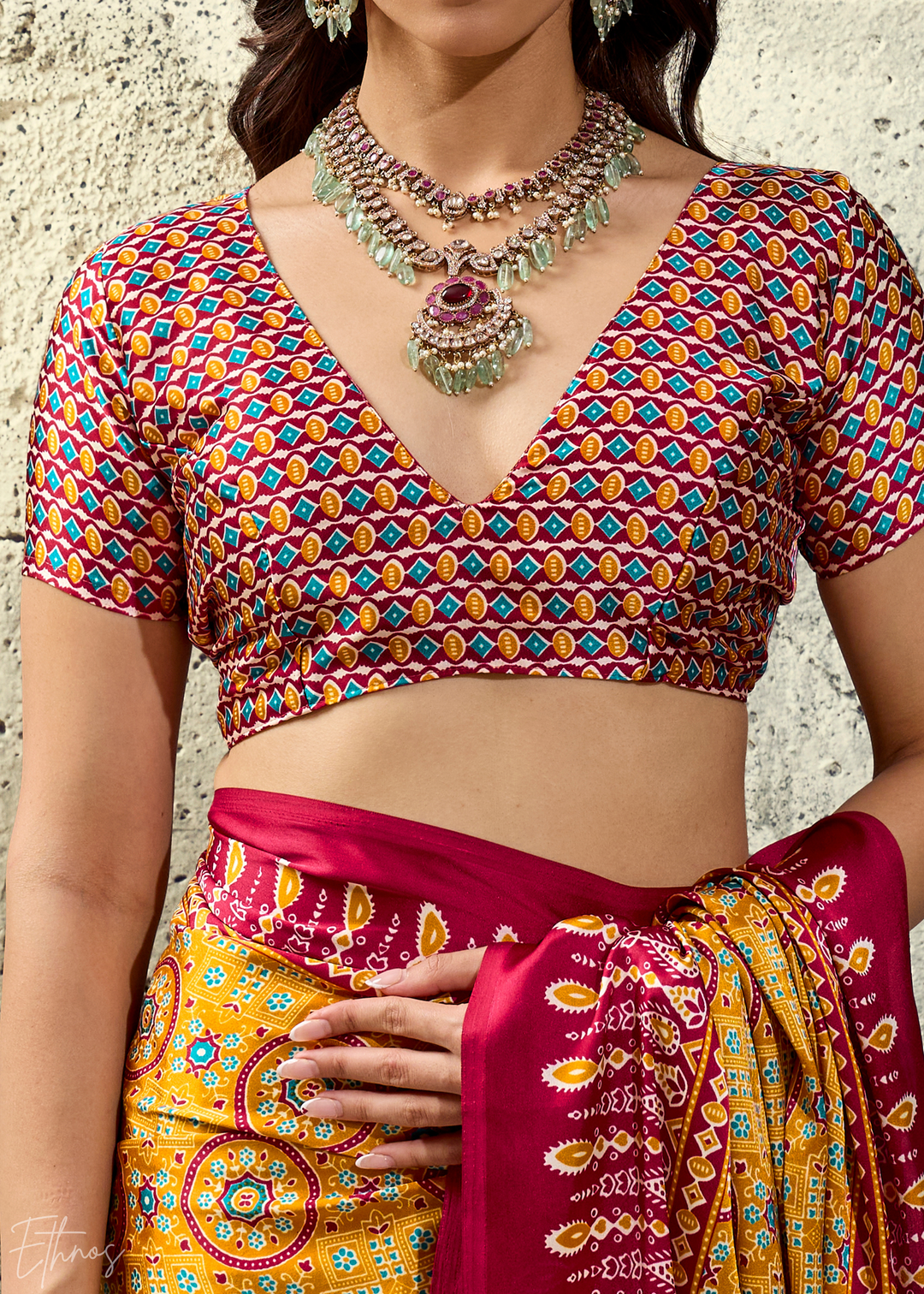Saffron Crimson Ajrakh Printed Modal Satin Saree
