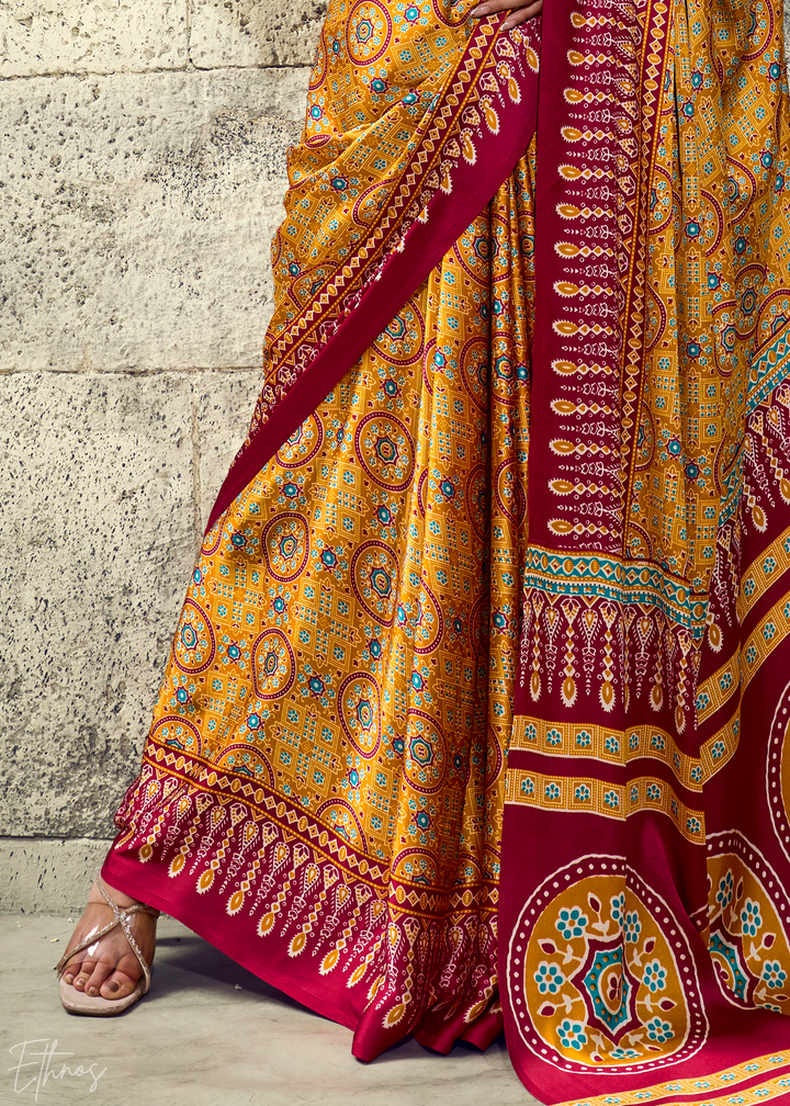 Saffron Crimson Ajrakh Printed Modal Satin Saree