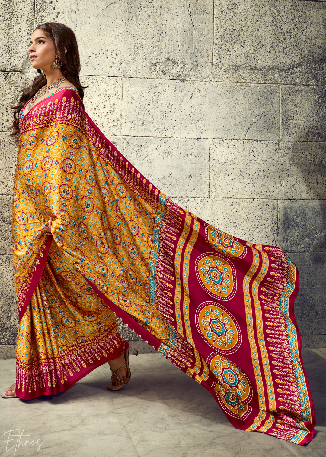 Saffron Crimson Ajrakh Printed Modal Satin Saree