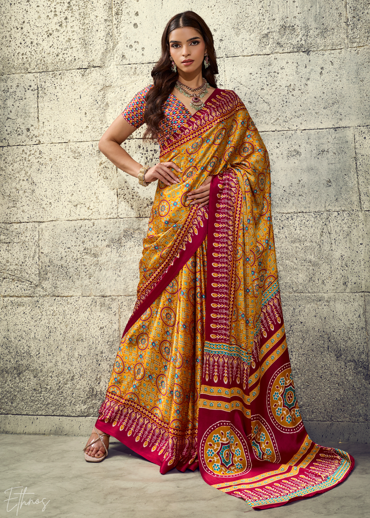 Saffron Crimson Ajrakh Printed Modal Satin Saree