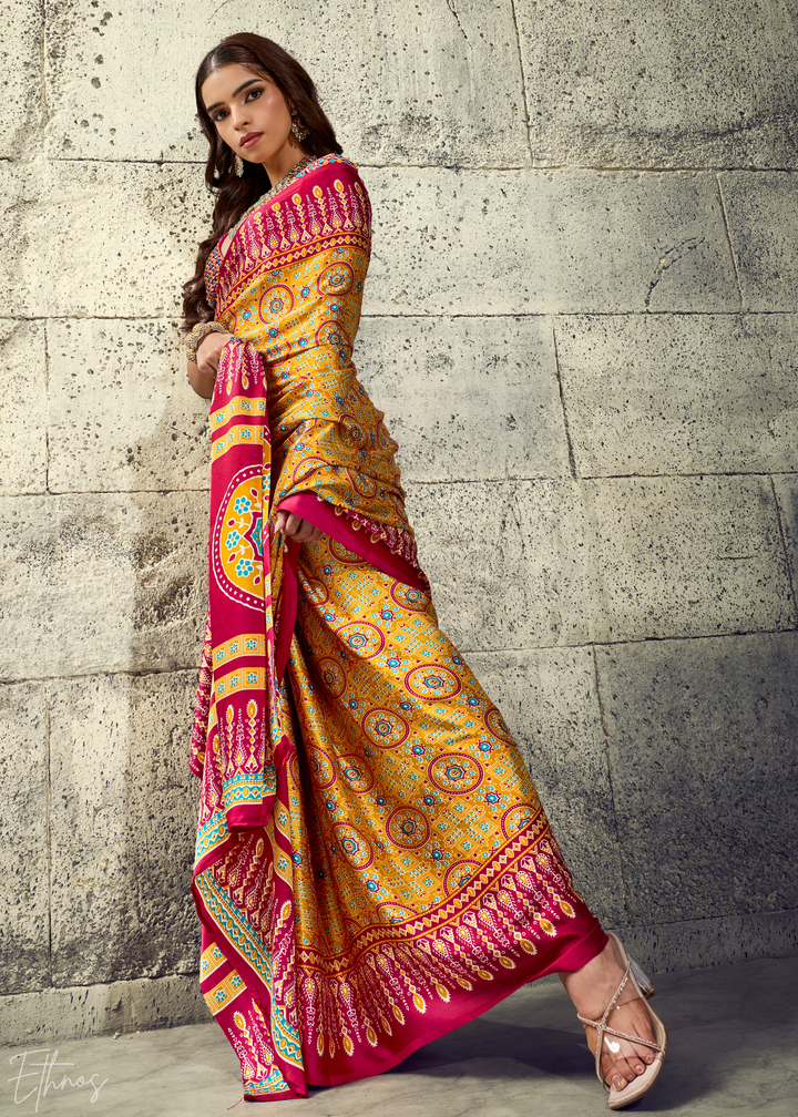Saffron Crimson Ajrakh Printed Modal Satin Saree