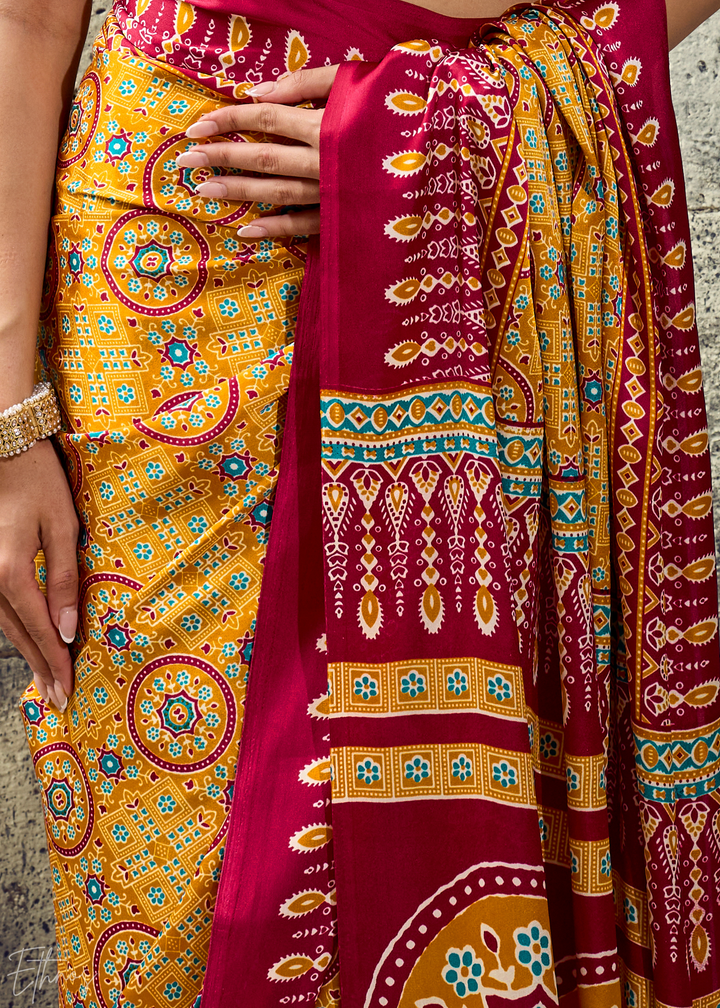 Saffron Crimson Ajrakh Printed Modal Satin Saree