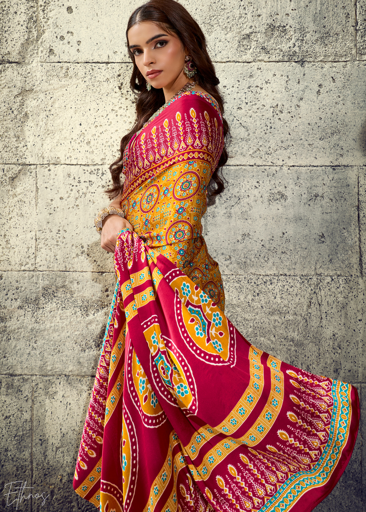 Saffron Crimson Ajrakh Printed Modal Satin Saree