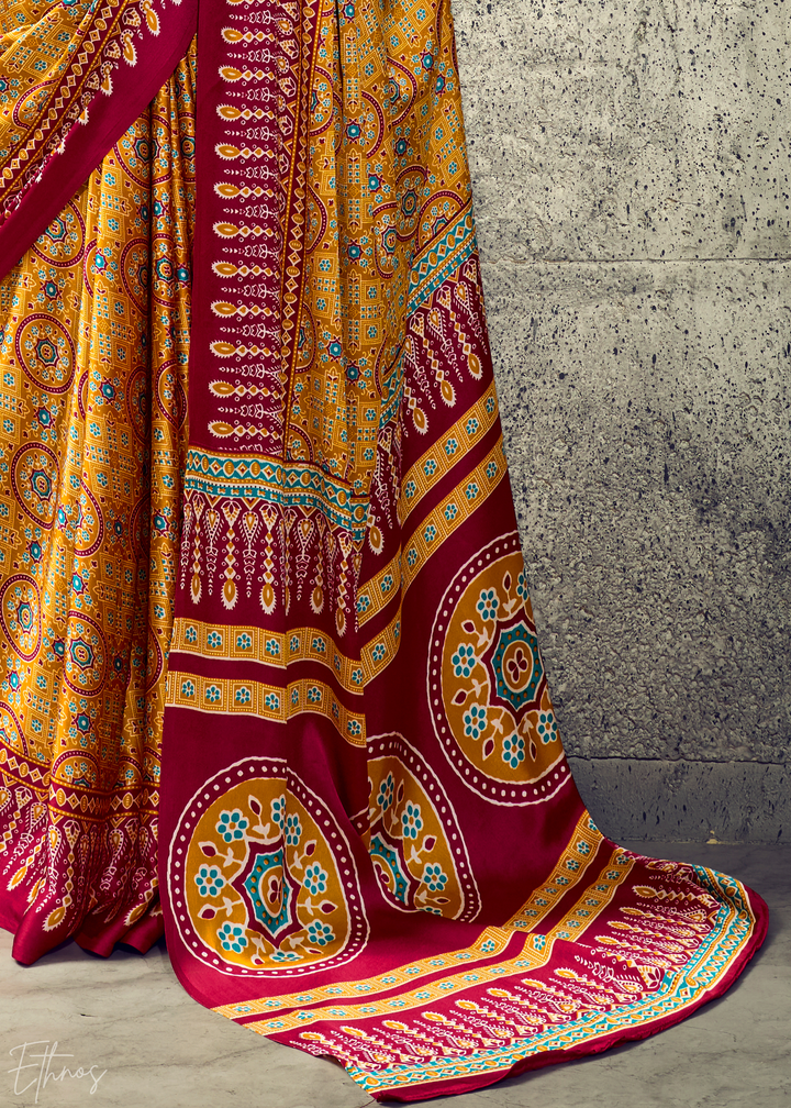 Saffron Crimson Ajrakh Printed Modal Satin Saree