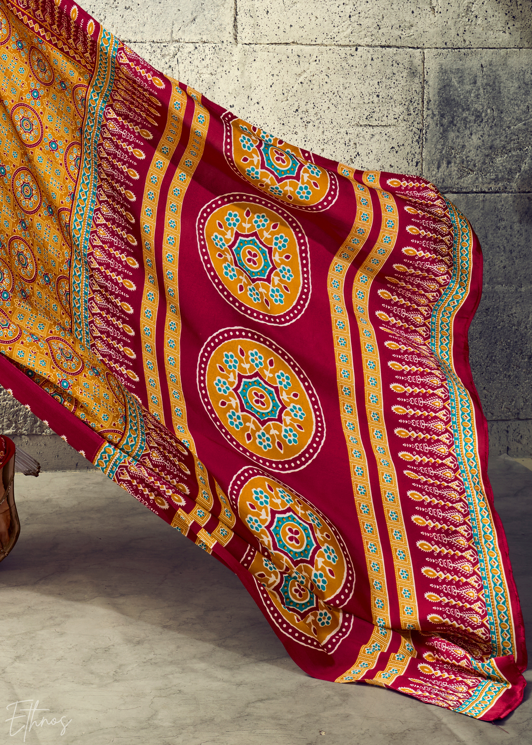 Saffron Crimson Ajrakh Printed Modal Satin Saree
