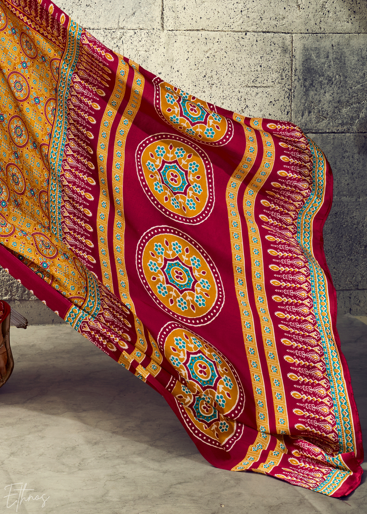 Saffron Crimson Ajrakh Printed Modal Satin Saree
