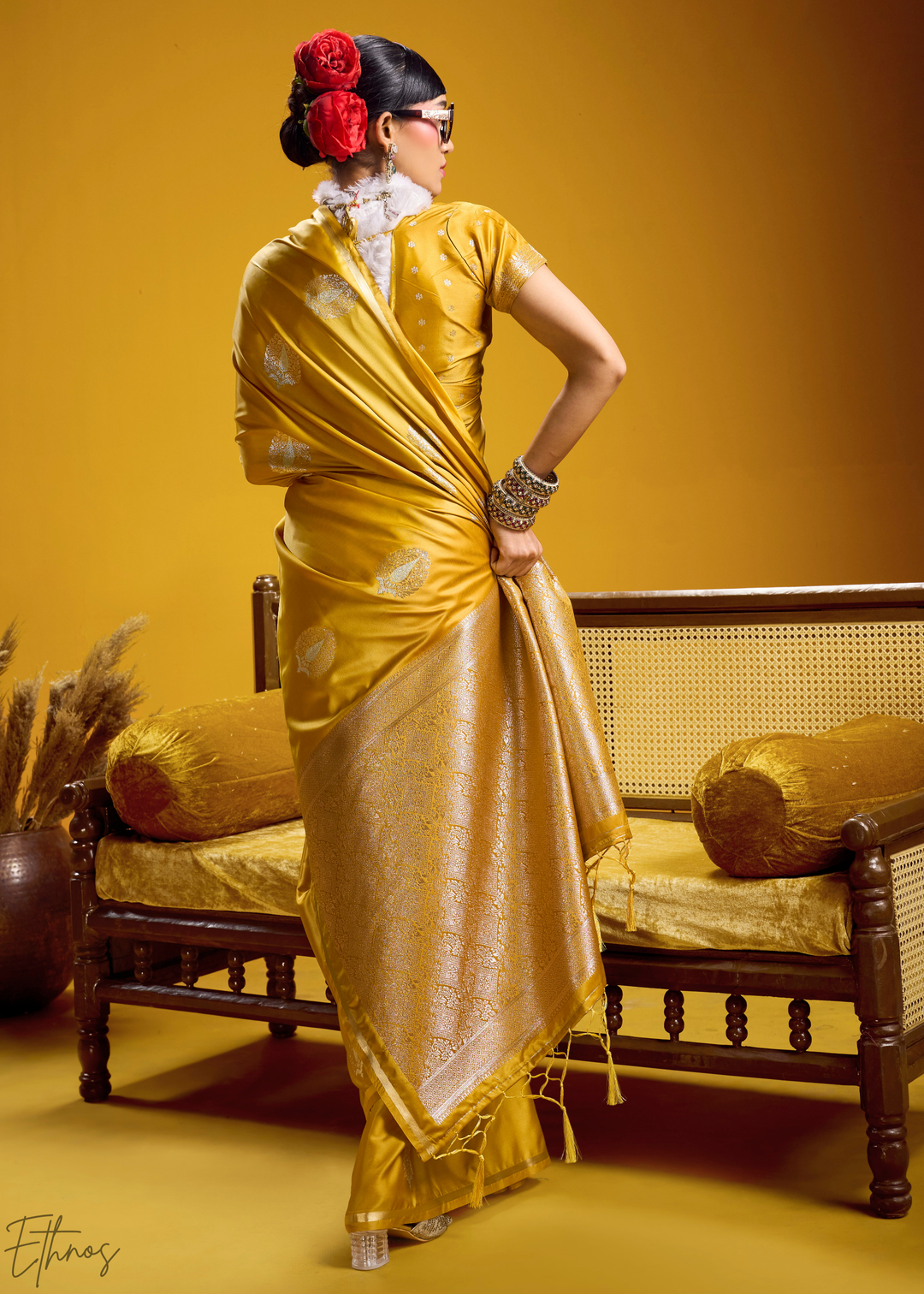 Saffron Golden Gold-Infused Jacquard Satin Silk Saree