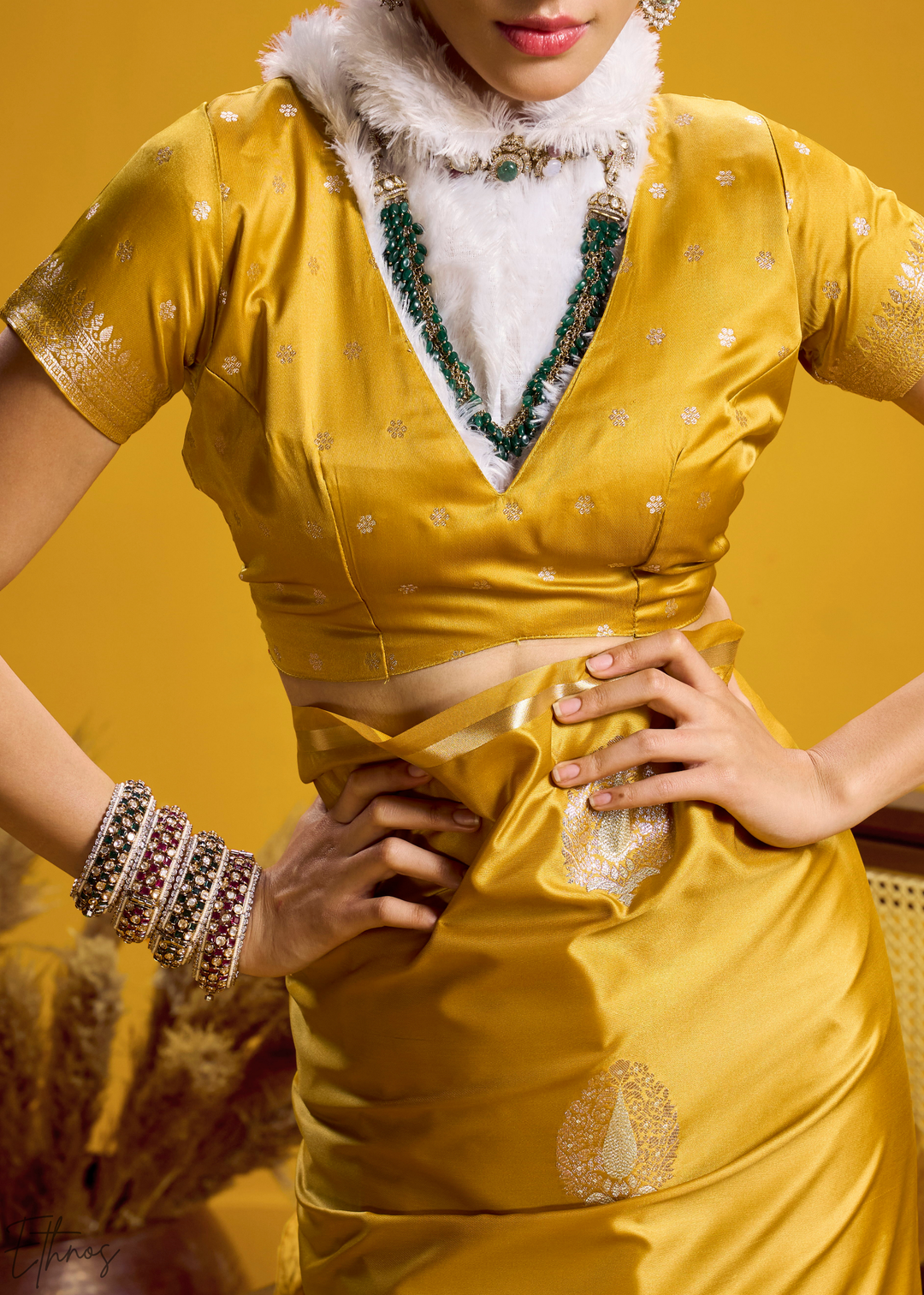 Saffron Golden Gold-Infused Jacquard Satin Silk Saree