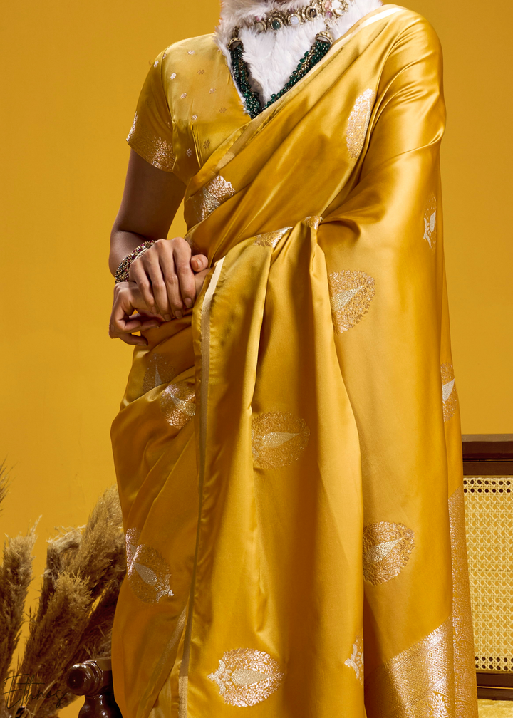 Saffron Golden Gold-Infused Jacquard Satin Silk Saree