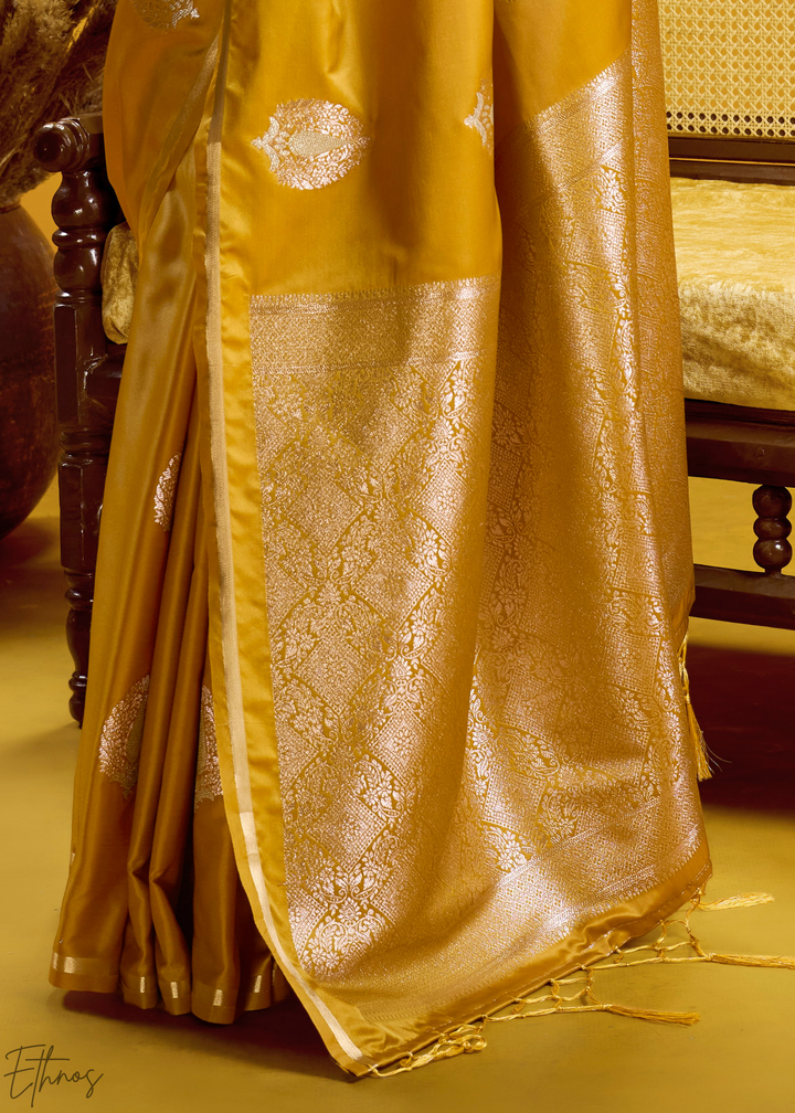 Saffron Golden Gold-Infused Jacquard Satin Silk Saree