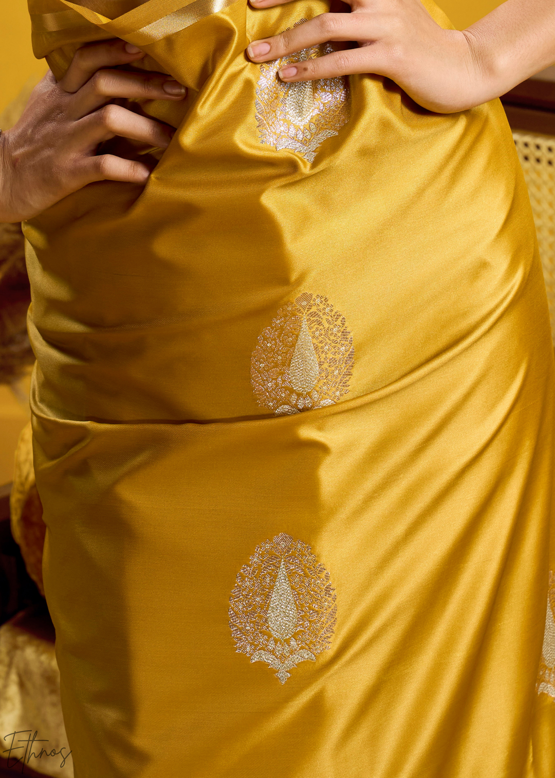 Saffron Golden Gold-Infused Jacquard Satin Silk Saree