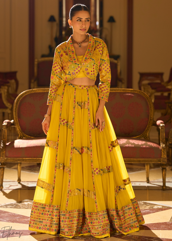 Saffron Mosaic Georgette  Bolero & Flared Lehenga Set