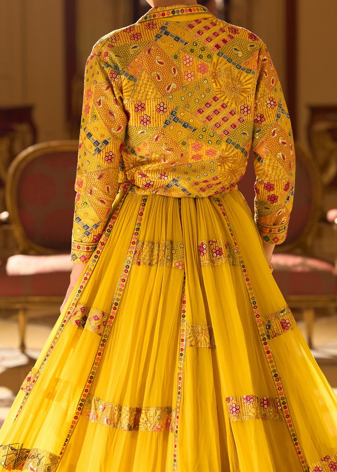 Saffron Mosaic Georgette  Bolero & Flared Lehenga Set