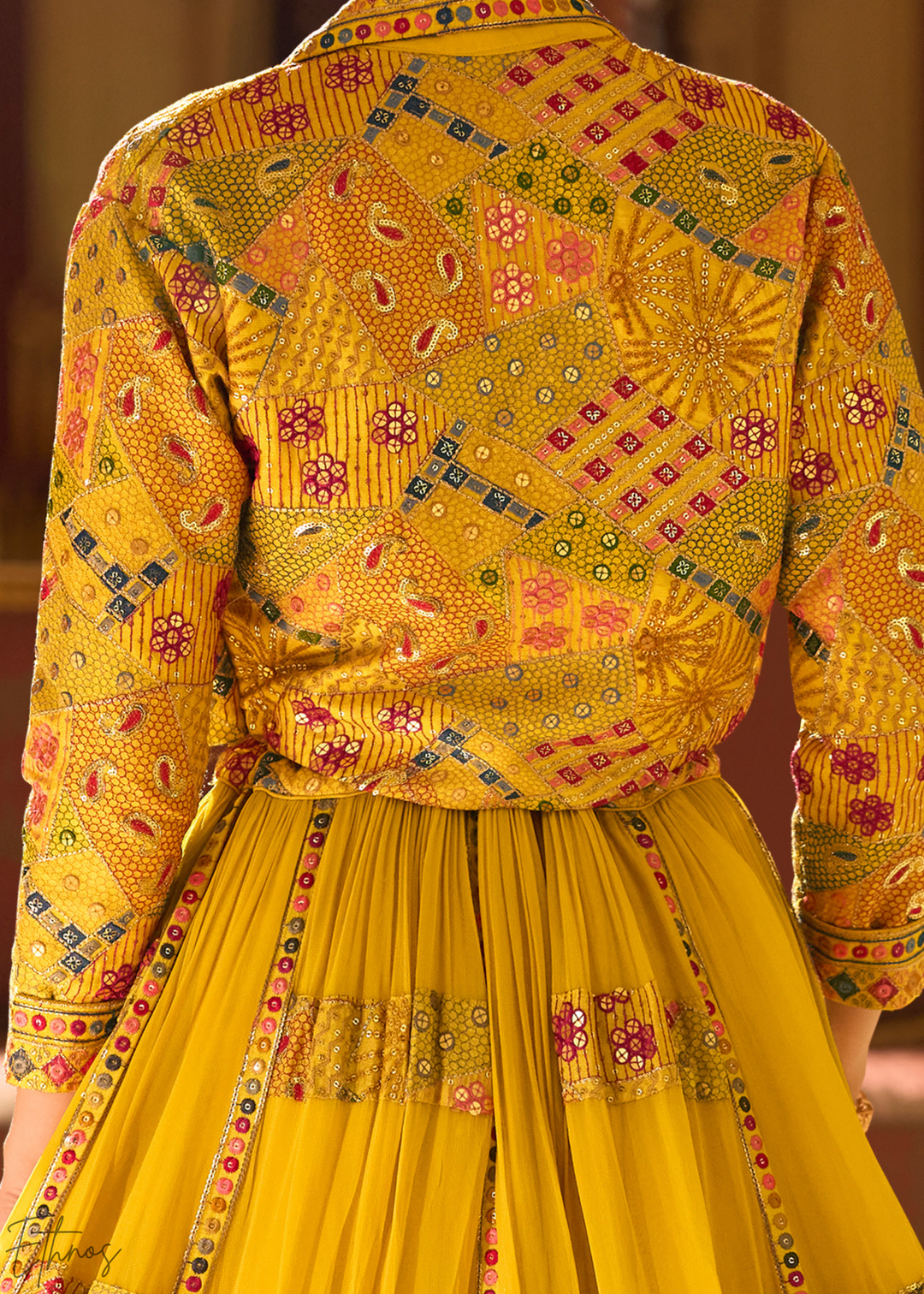 Saffron Mosaic Georgette  Bolero & Flared Lehenga Set