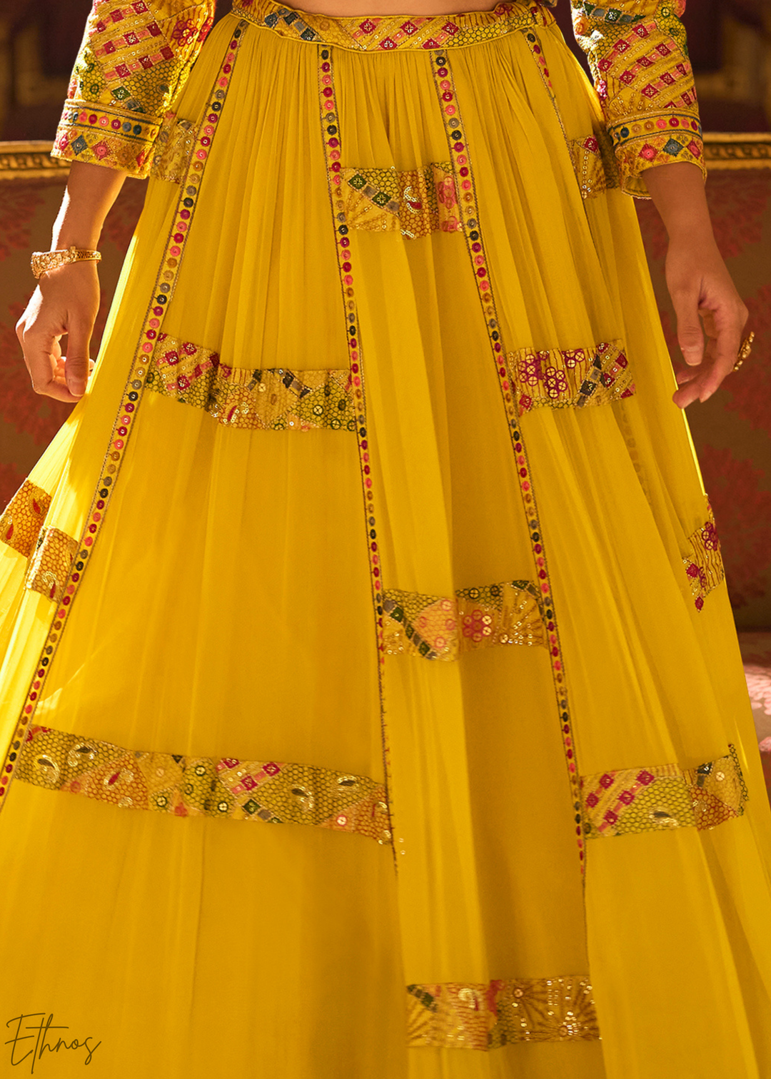 Saffron Mosaic Georgette  Bolero & Flared Lehenga Set