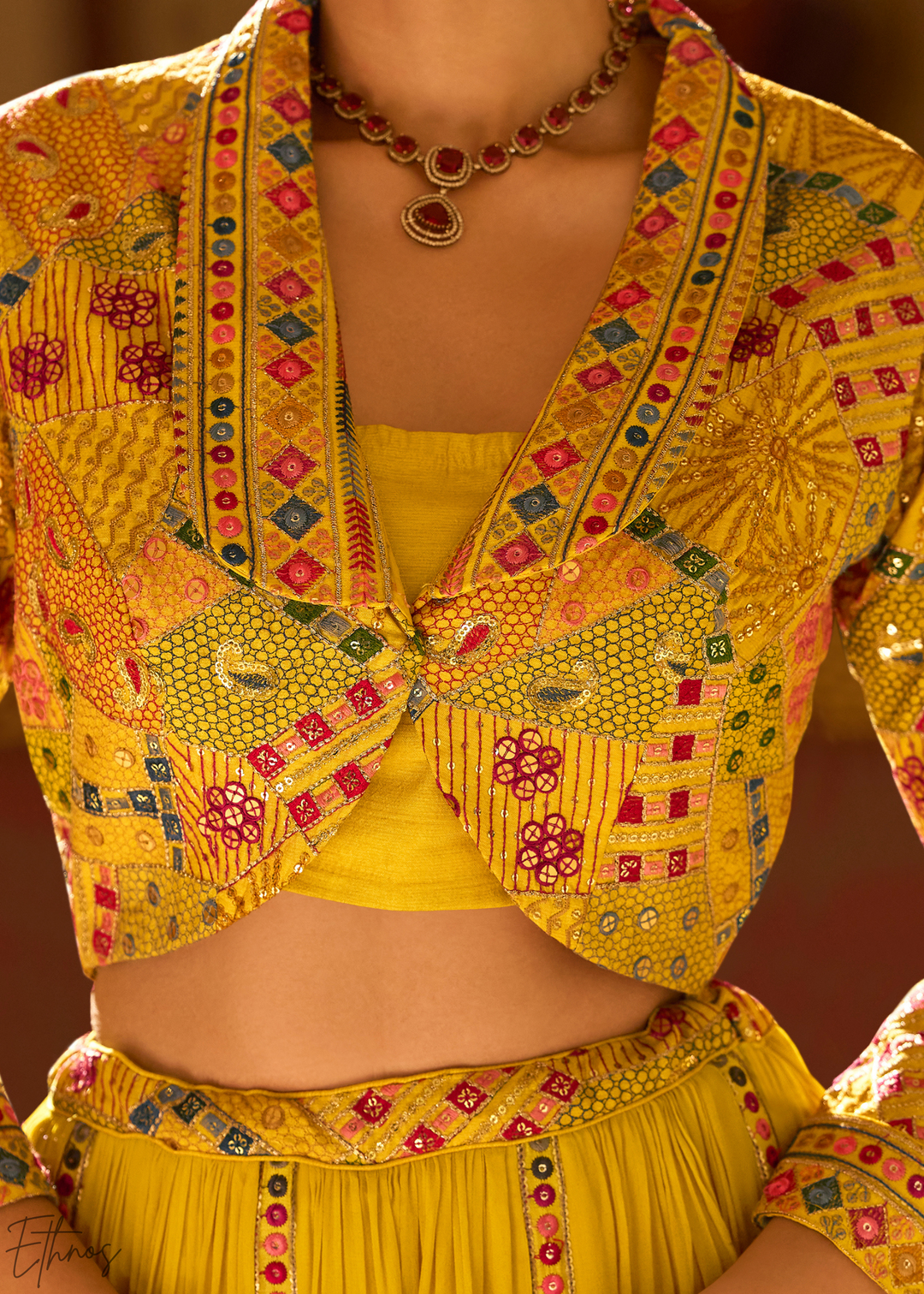 Saffron Mosaic Georgette  Bolero & Flared Lehenga Set