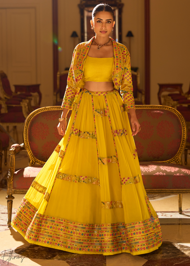 Saffron Mosaic Georgette  Bolero & Flared Lehenga Set
